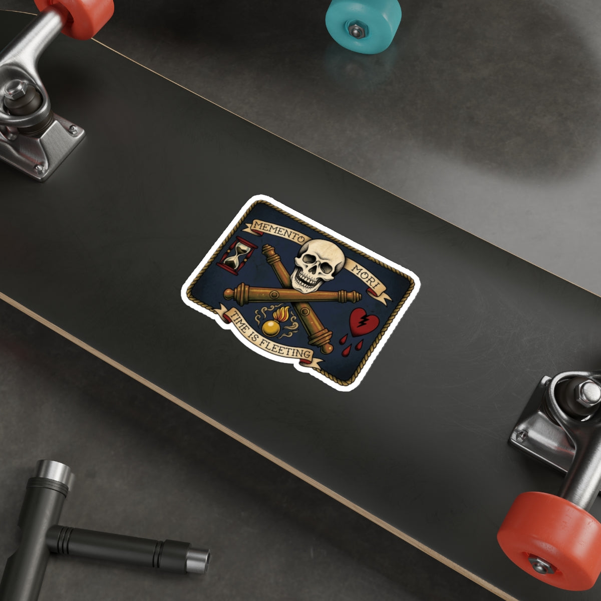 Memento Mori Skull Die-Cut Sticker — "Time Is Fleeting" Vintage Tattoo Style