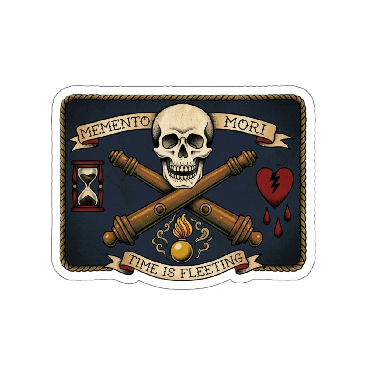 Memento Mori Skull Die-Cut Sticker — "Time Is Fleeting" Vintage Tattoo Style