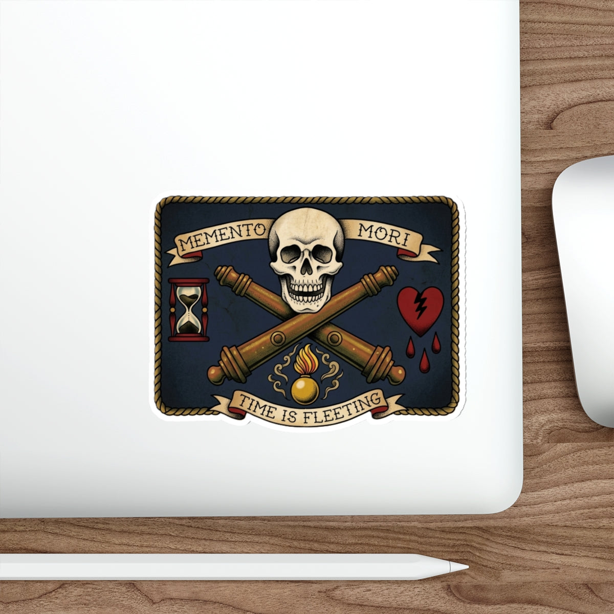 Memento Mori Skull Die-Cut Sticker — "Time Is Fleeting" Vintage Tattoo Style